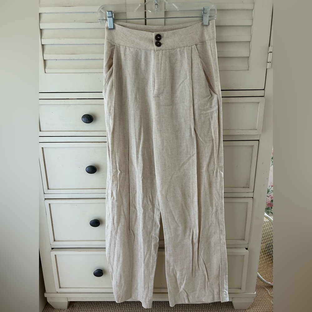 Women’s Beige Natural Straight/Wide Leg Linen Trousers